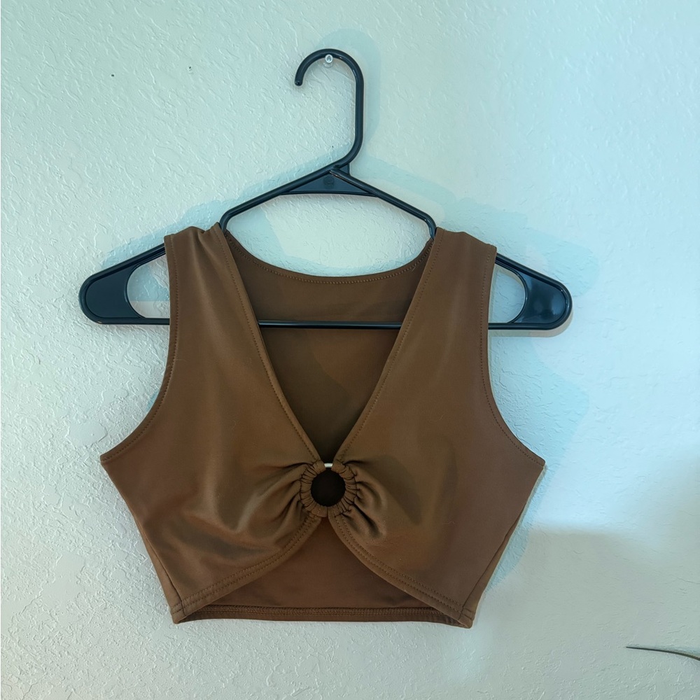 Brown V Neck Ring Detail Crop Top